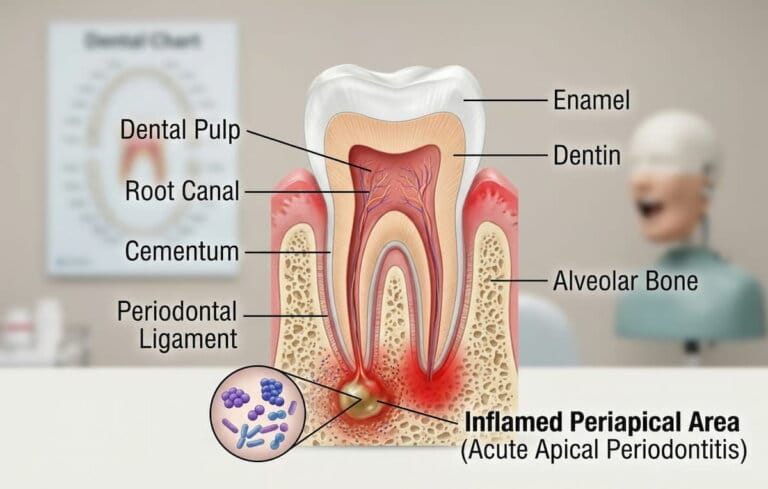 Sectiune anatomica a unui dinte afectat de parodontita apicala acuta